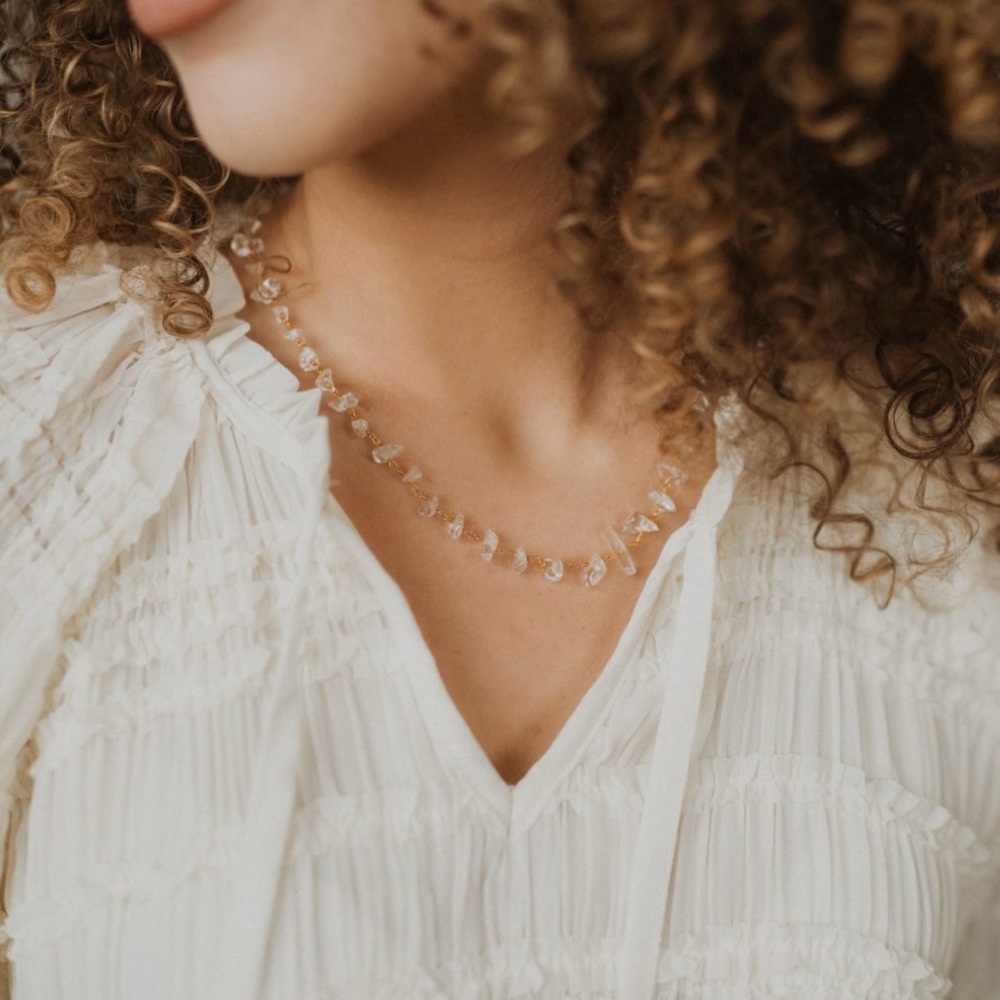 Goldie Lew Rose Quartz Chippy Necklace Gold 16”